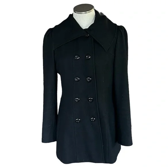 Guess Pea Coat Black Pleated Large Collar Size Large - Picture 1 of 8